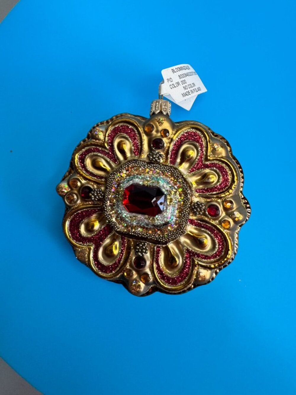Vintage Polish Glass Jewel Ornament Bloomingdales Ruby Glitter Medallion 3.5” - Picture 5 of 7